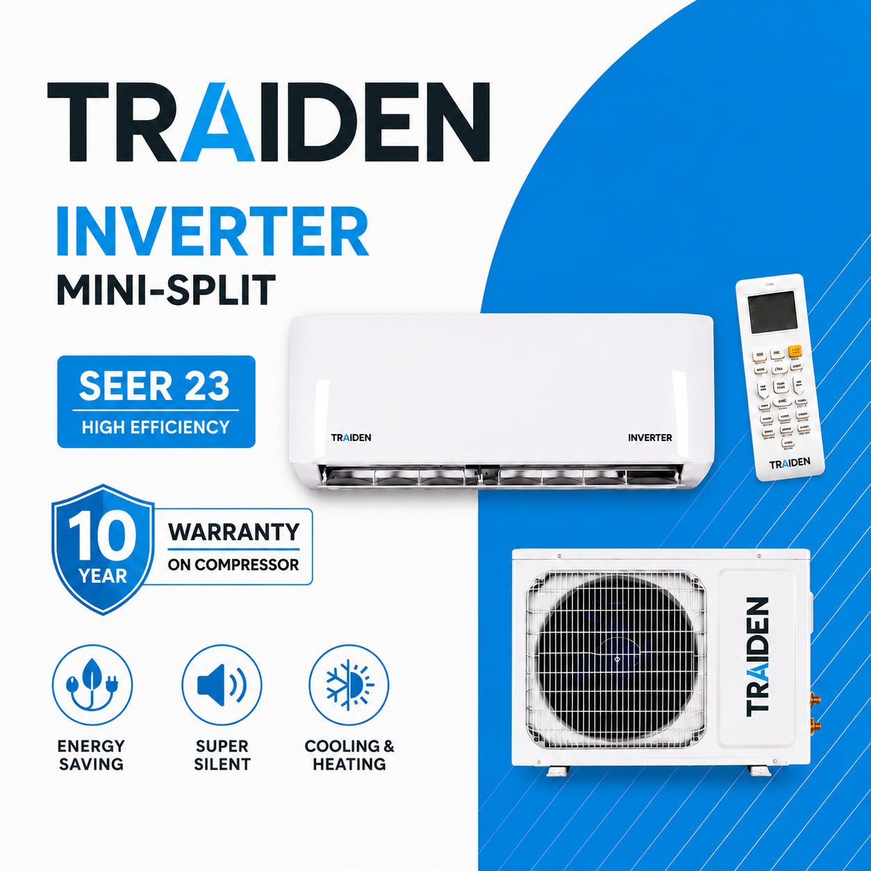 Traiden 18000 BTU Inverter Mini - Split Heat Pump System – 23 SEER WiFi 220V - EZFlow Diffusers
