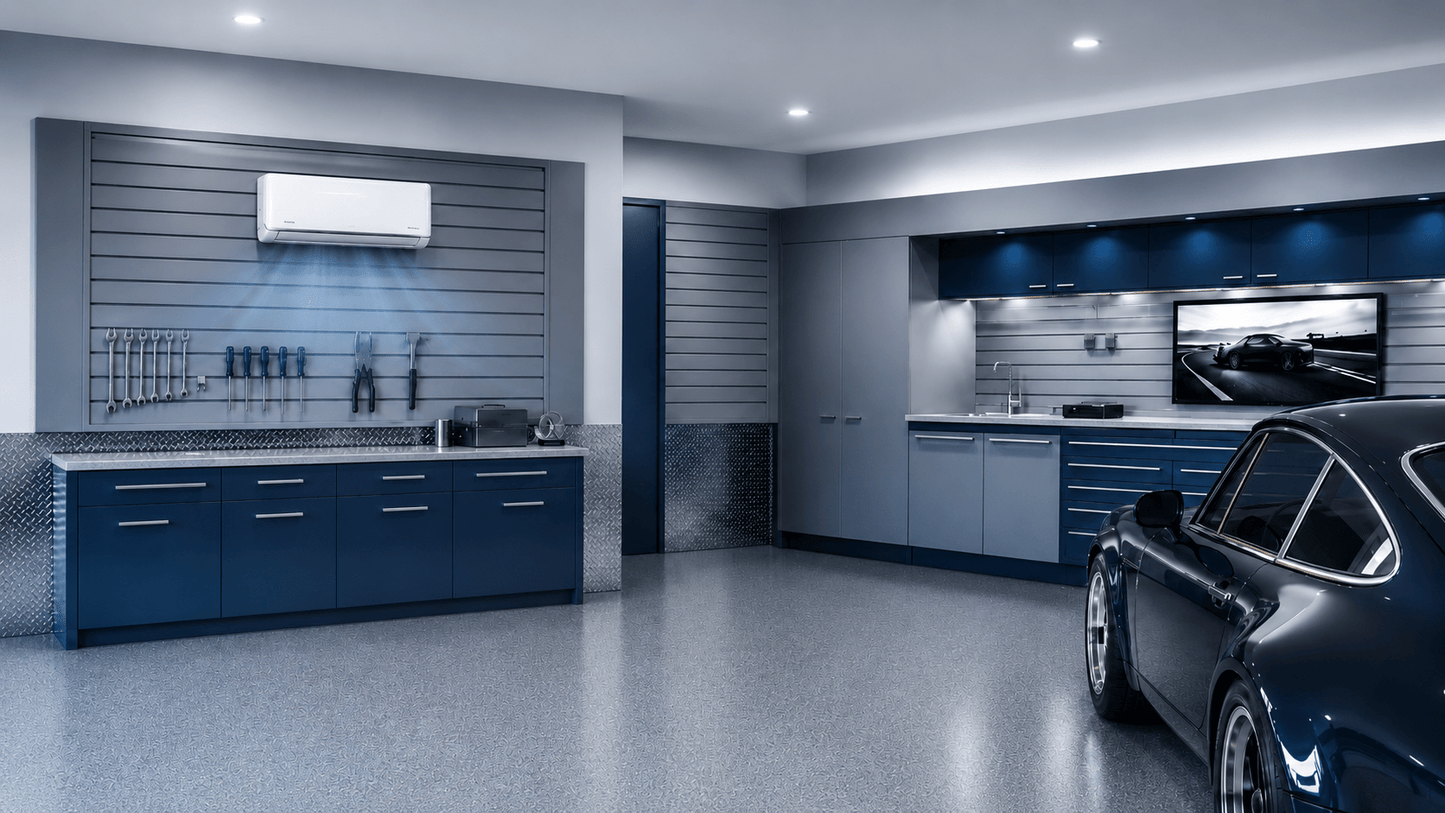 Traiden mini-split installed in a modern garage for cooling and heating comfort