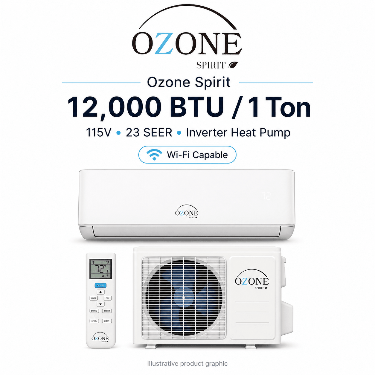 Ozone Spirit 12,000 BTU 1-Ton 115V 23 SEER Inverter Mini Split Heat Pump - EZFlow Diffusers
