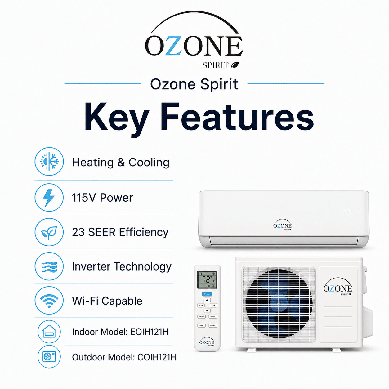 Ozone Spirit 12,000 BTU 1-Ton 115V 23 SEER Inverter Mini Split Heat Pump - EZFlow Diffusers